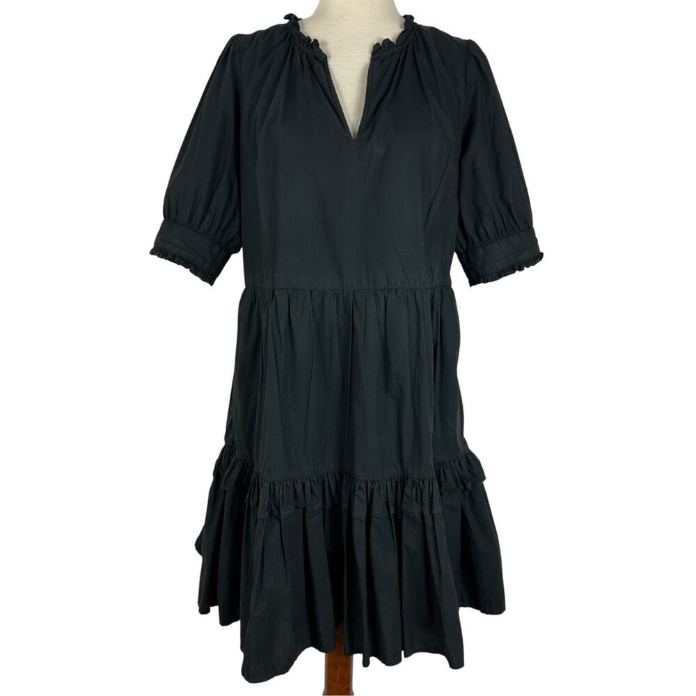 J Crew Dress Women Small Lined Ruffle Neck Tiered Popover Black Poplin Cotton